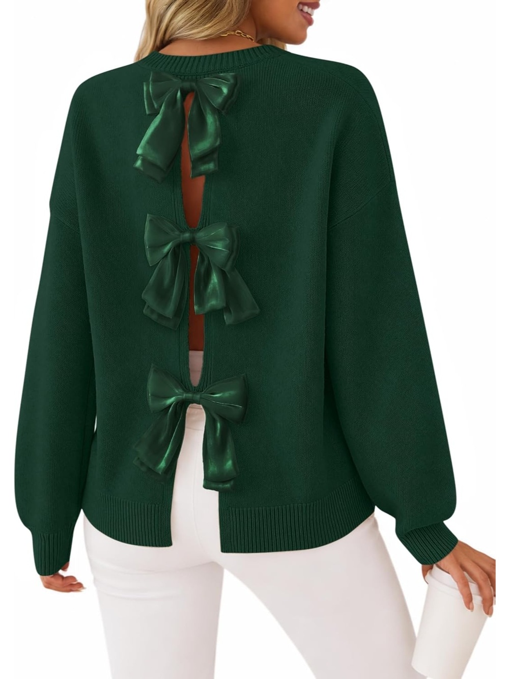 🆕 Women's Dark Green Fall Bow Knot Oversized Casual Pullover Sweaters